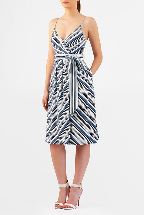 Shop Stripe cotton knit faux-wrap dress | eShakti