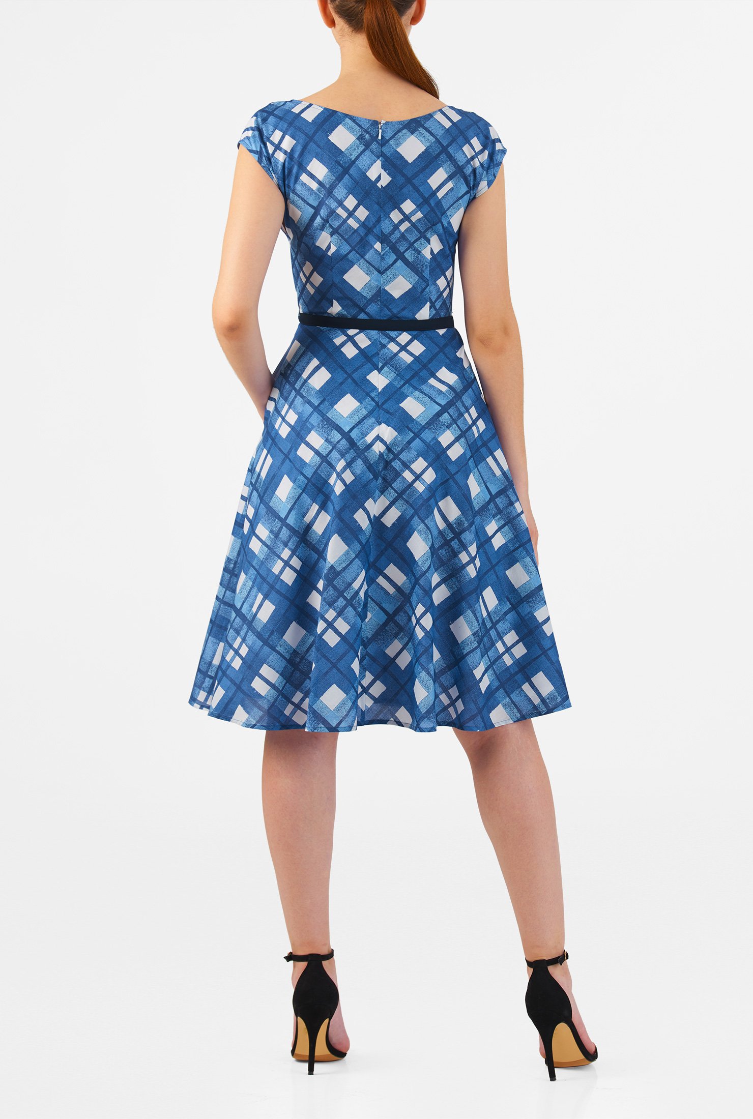 Shop Cotton check print belted cambric dress | eShakti