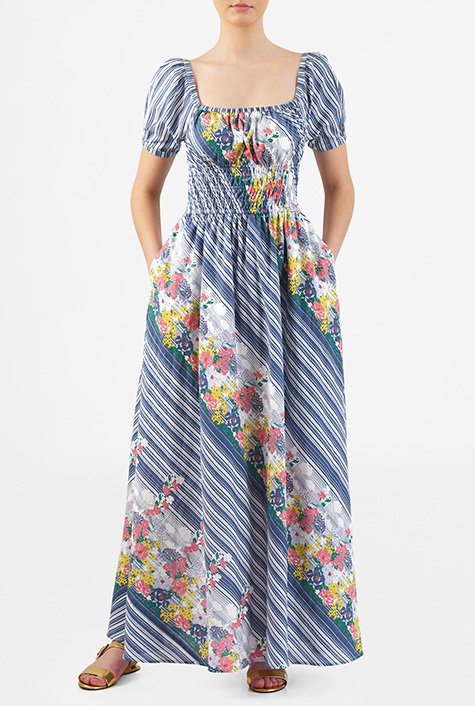 Our diagonal floral stripe print cambric maxi dress is styled with a ruched elastic square neck that can be worn off-the-shoulder as the temperatures heat up.