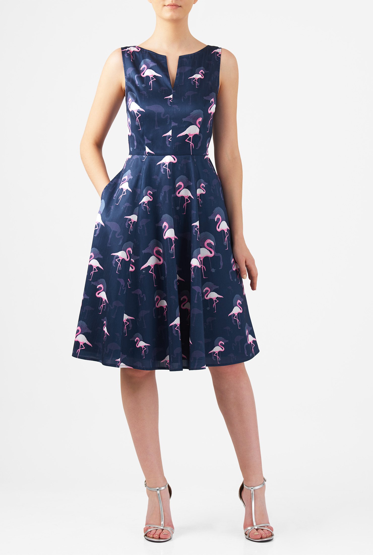 Shop Flamingo print split neck dupioni dress | eShakti
