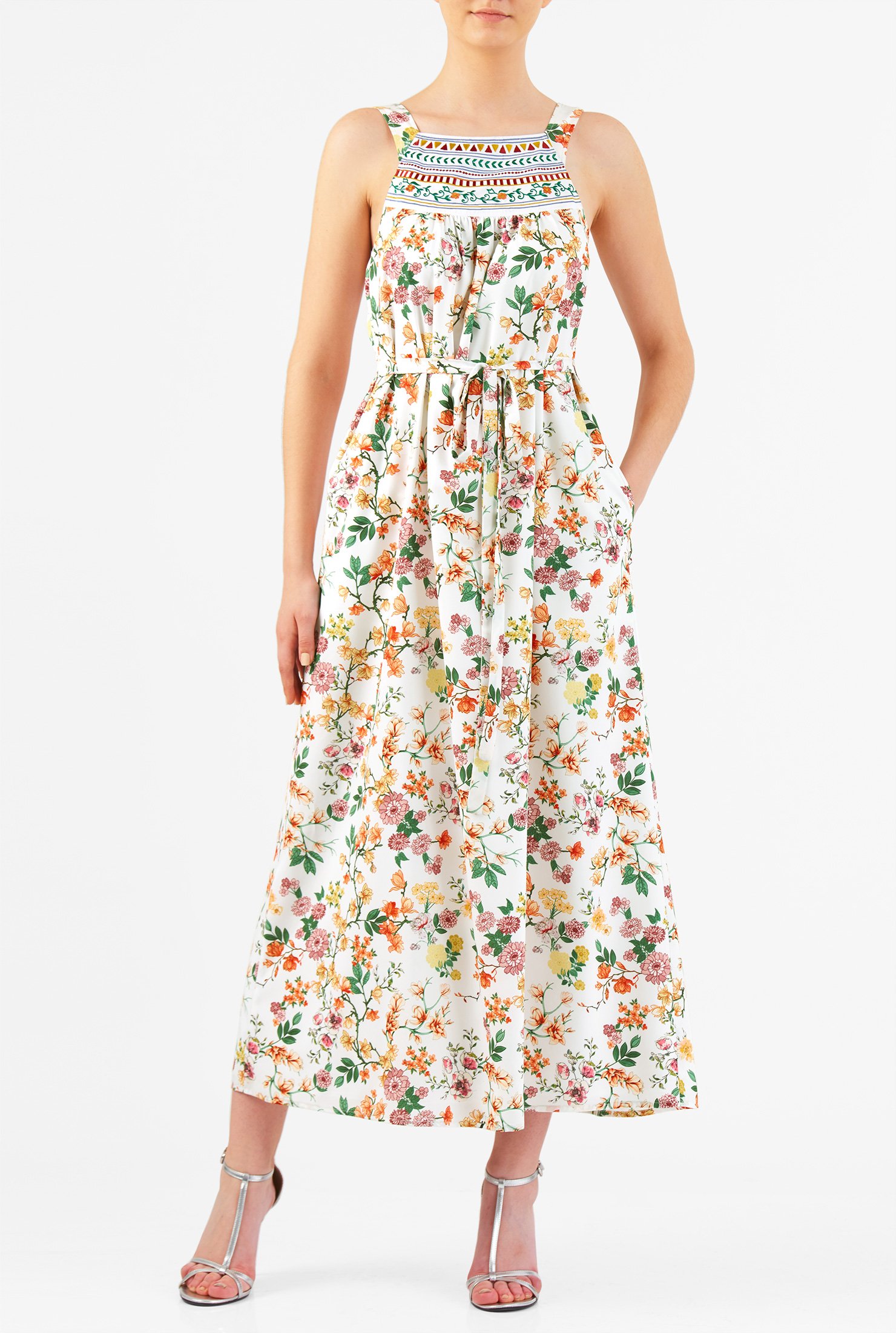 Shop Embroidered bib floral print crepe maxi shift dress | eShakti