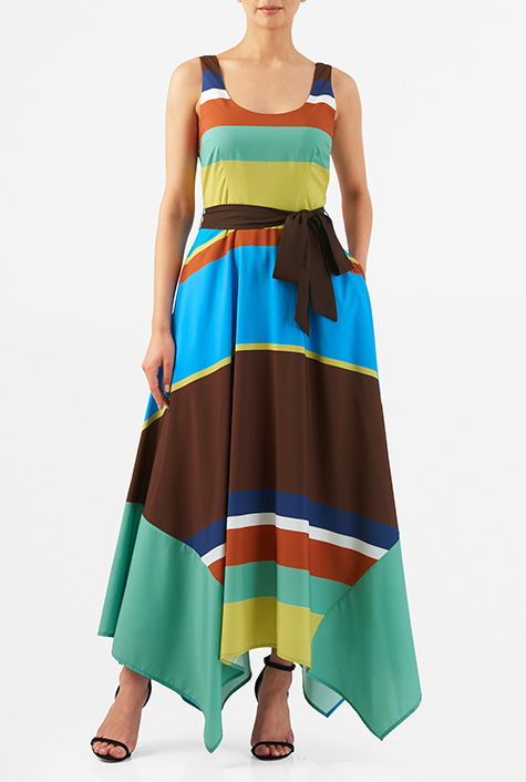 Shop Stripe print handkerchief hem crepe maxi dress | eShakti