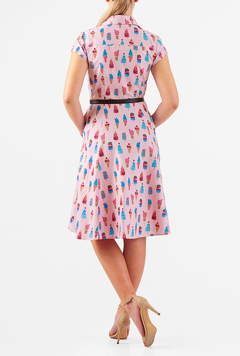 Our fun ice cream cone print cotton shirtdress is cinched in at the seamed waist with a contrast faux-leather belt and flared at the full skirt.