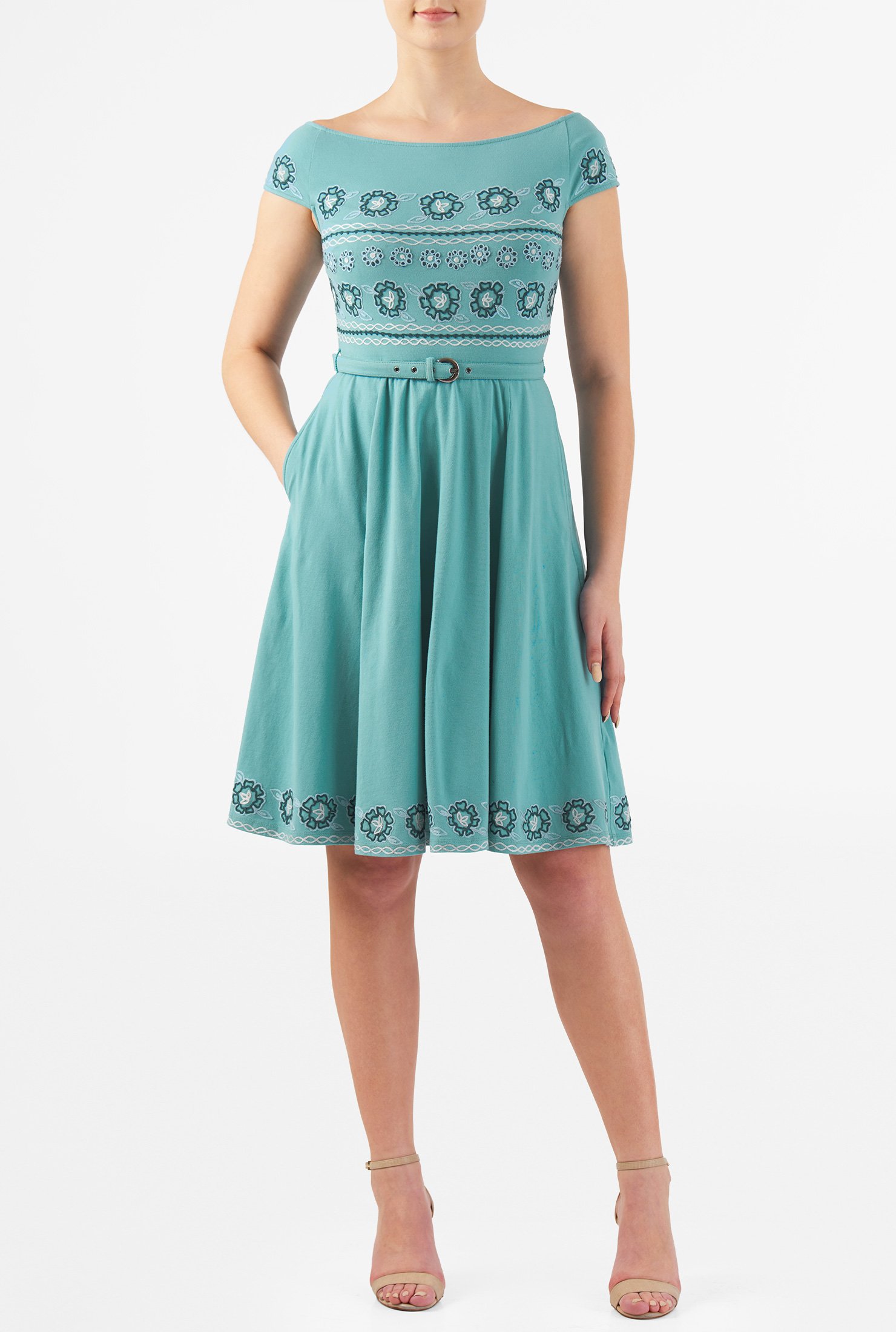 Shop Floral embroidered cotton knit belted dress | eShakti