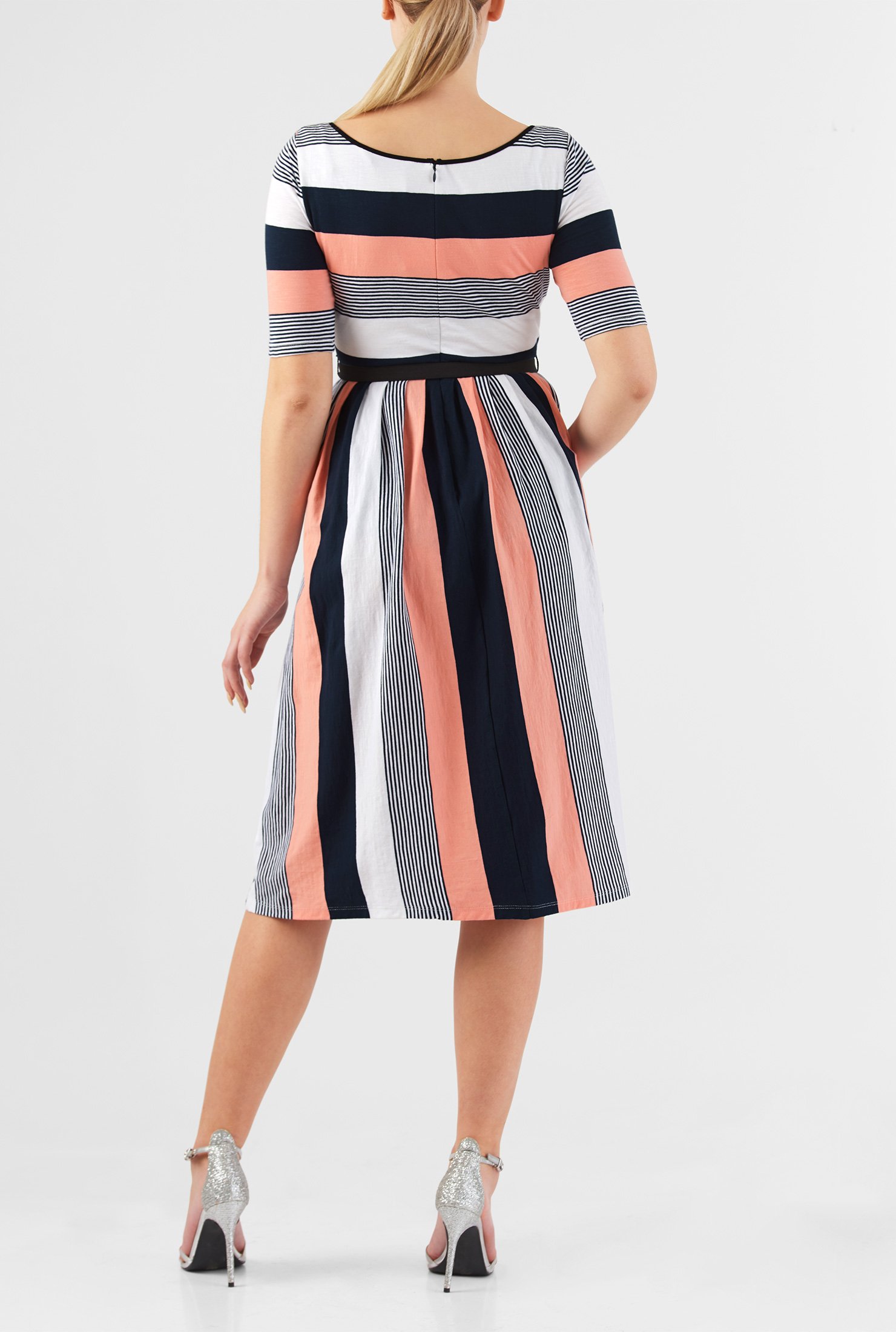 Shop Stripe cotton knit belted dress | eShakti