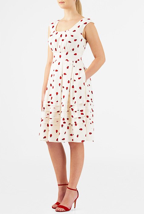 Pretty pleats detail the scooped neck of our ladybug print crepe dress, inversely pleated and nipped in at the high waist for a figuring-flattering silhouette, and finished with tucked pleat tiers at the hem.