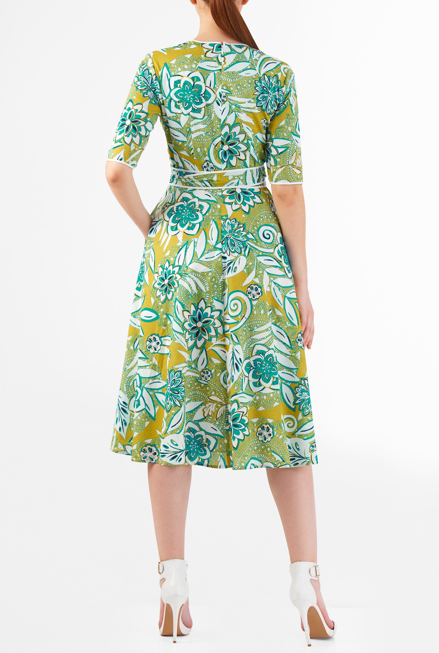 Shop Crossover bodice floral print cotton midi dress | eShakti