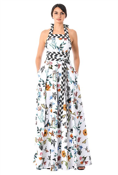 Shop Empire tie waist floral butterfly print crepe maxi halter dress ...