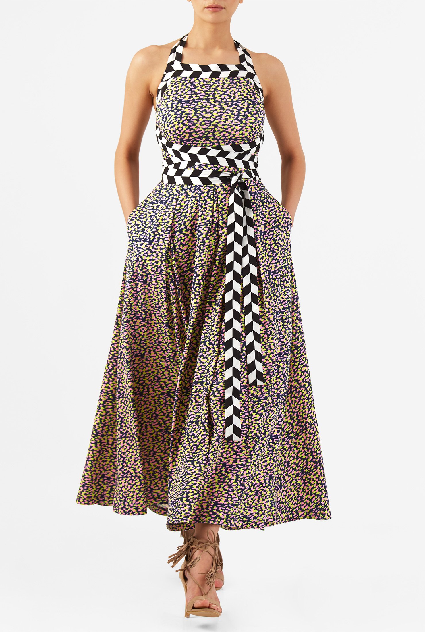 Shop Empire tie waist geo print cotton knit maxi halter dress | eShakti