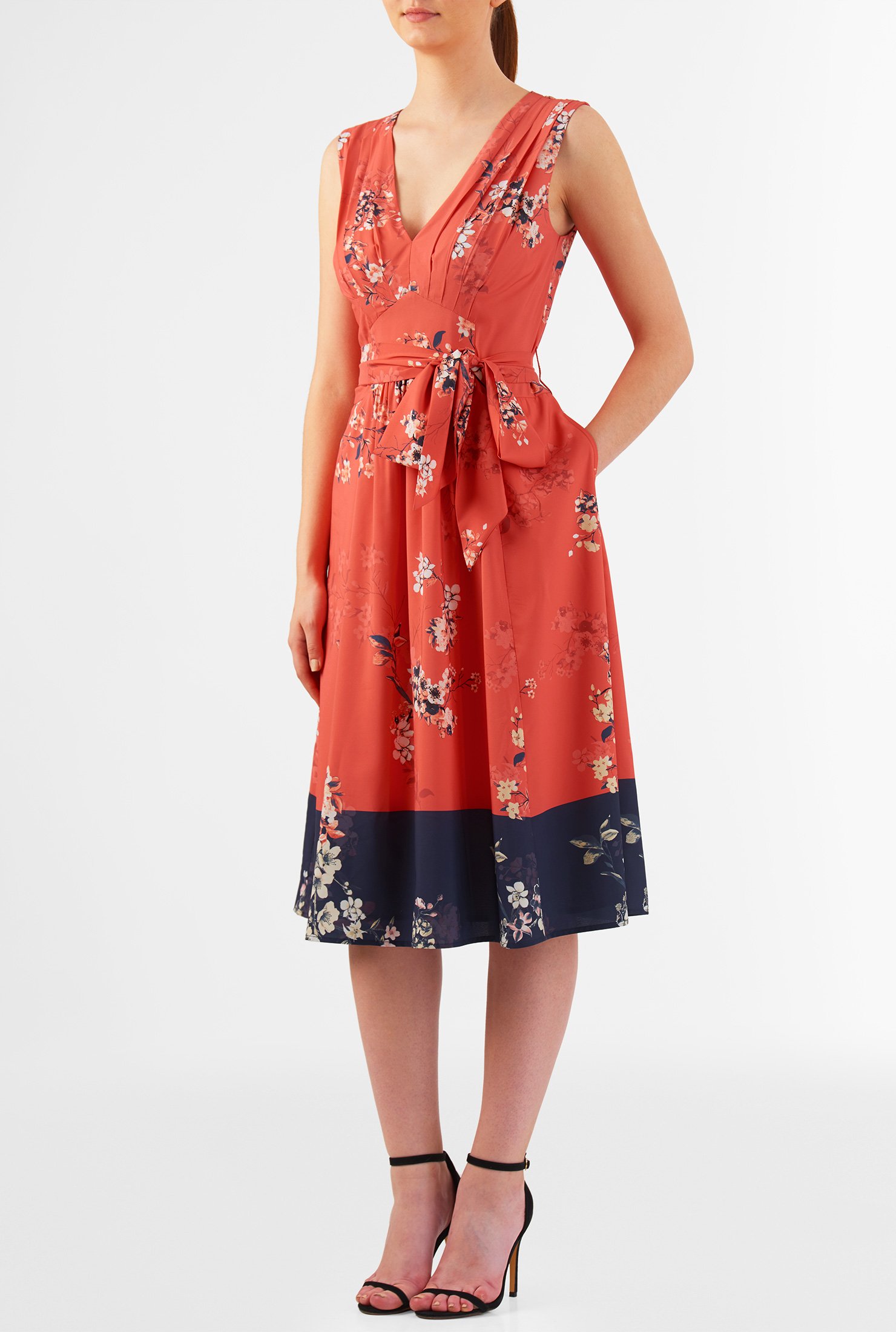 Shop Pleated floral print crepe midi dress | eShakti