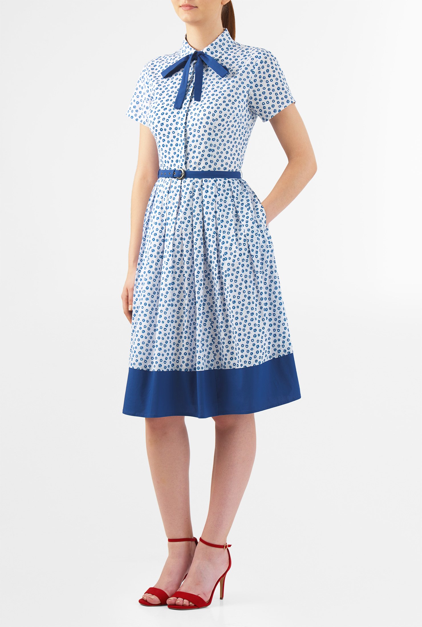 Shop Tie neck belted floral dot print cotton shirtdress | eShakti