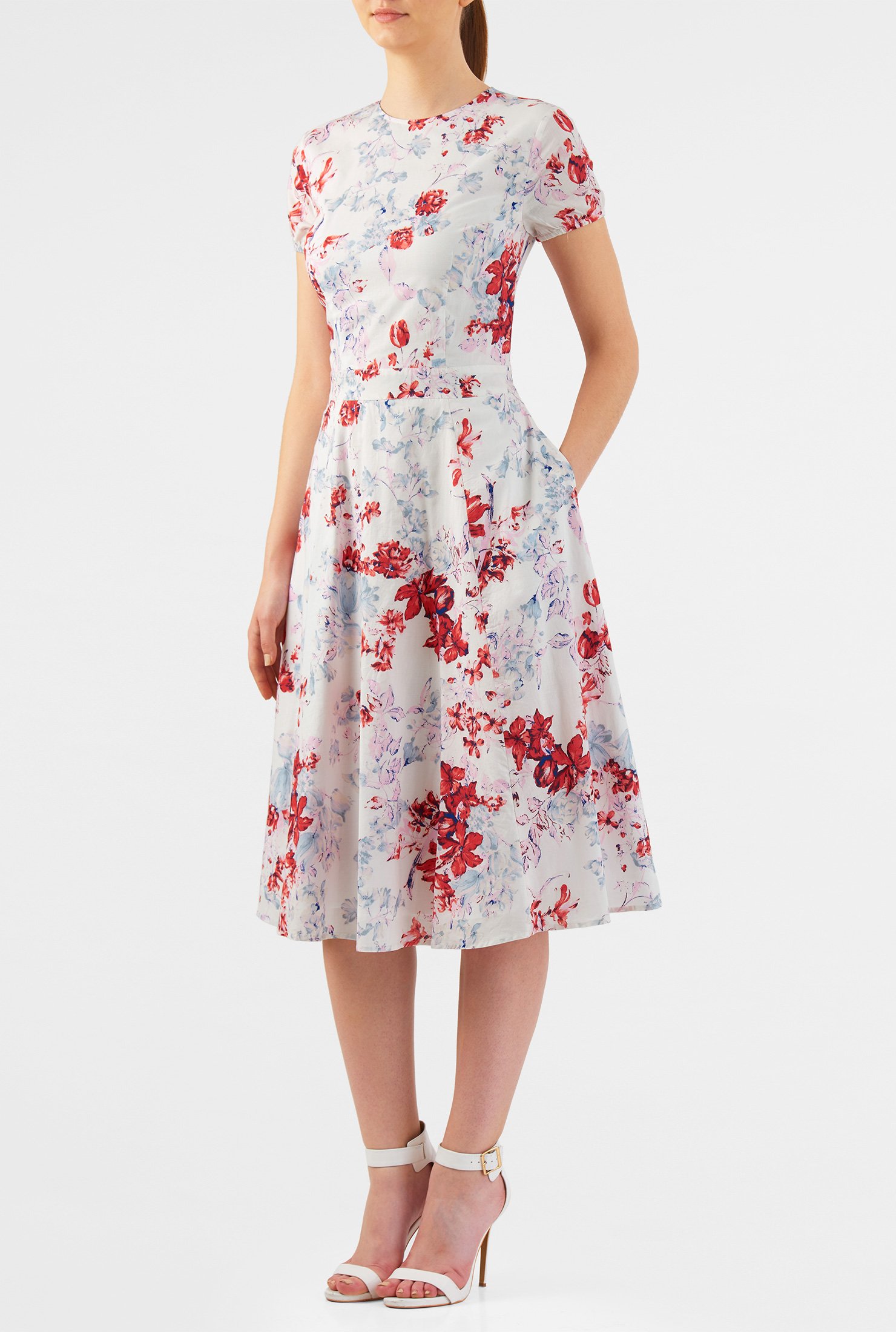 Shop Floral print fit-and-flare cambric dress | eShakti
