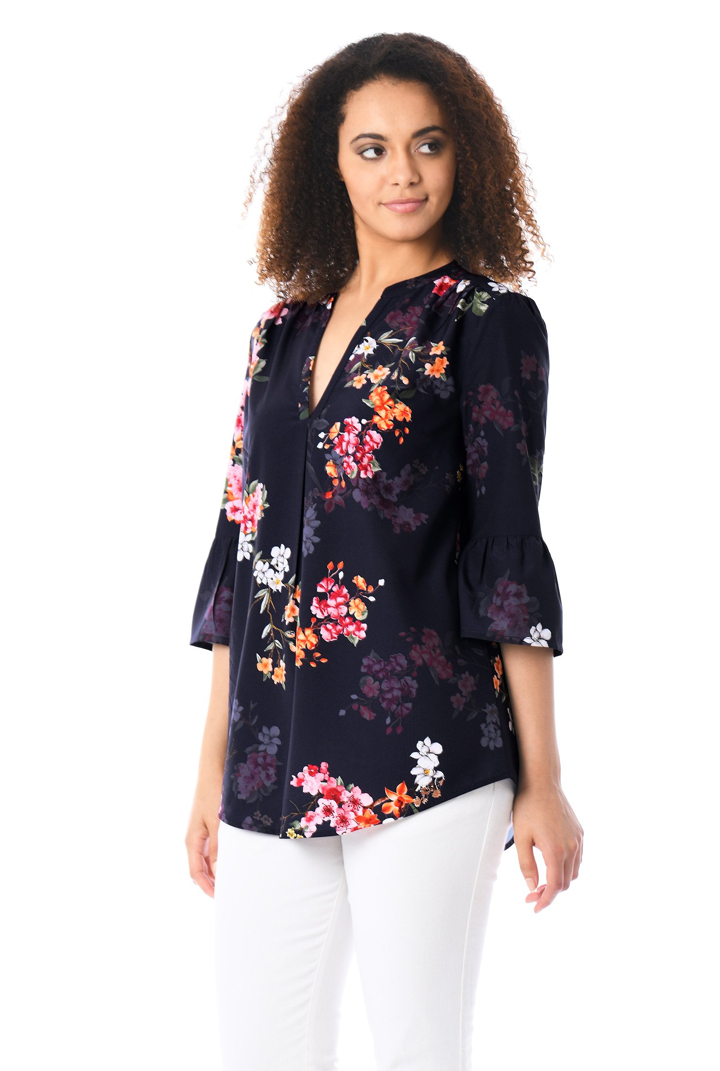 Shop Floral print split neck crepe top | eShakti