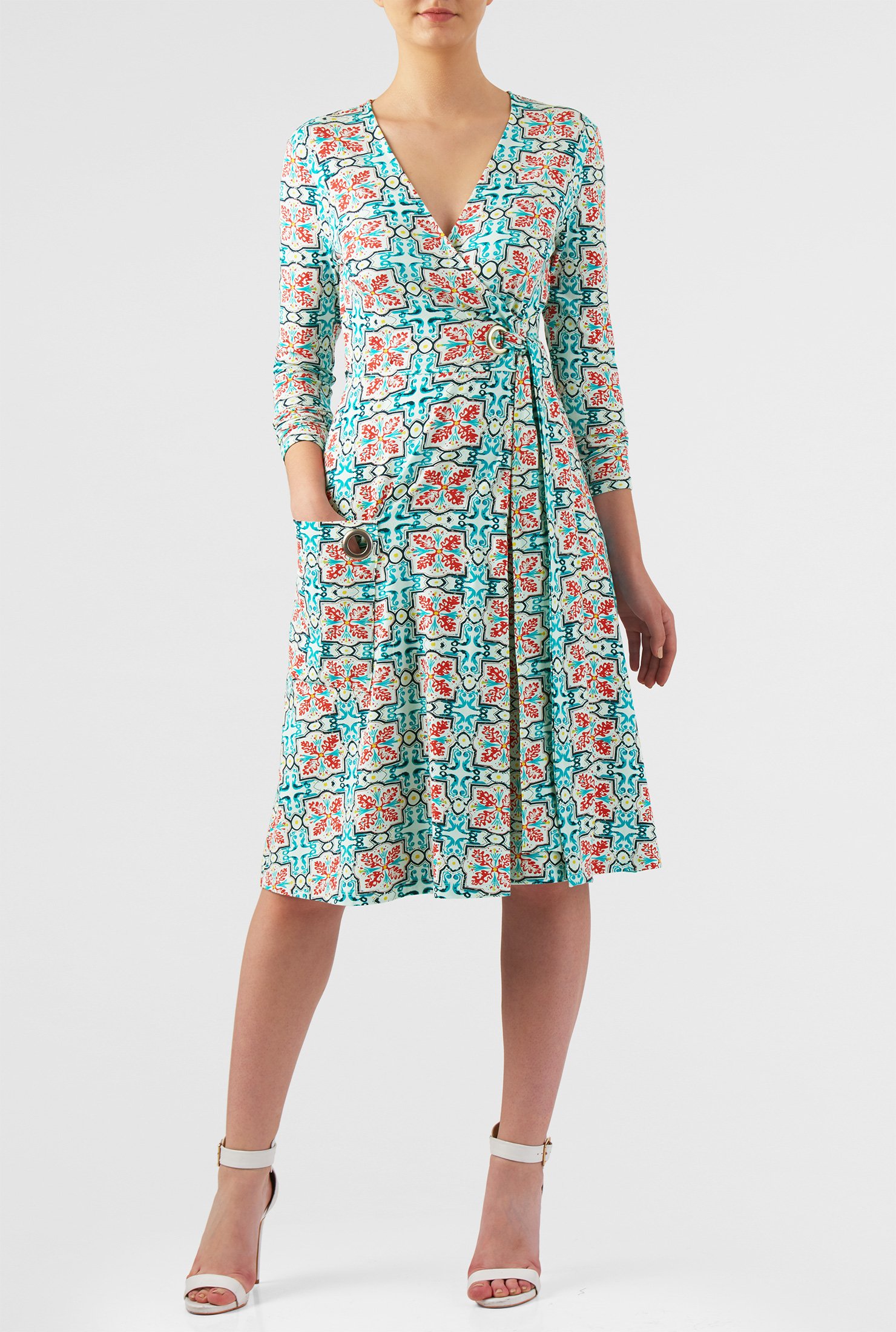 Shop Tile print cotton knit grommet front wrap dress | eShakti