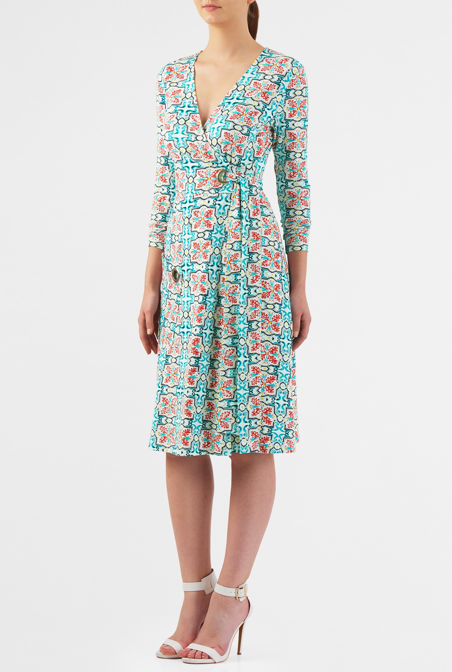 Shop Tile print cotton knit grommet front wrap dress | eShakti