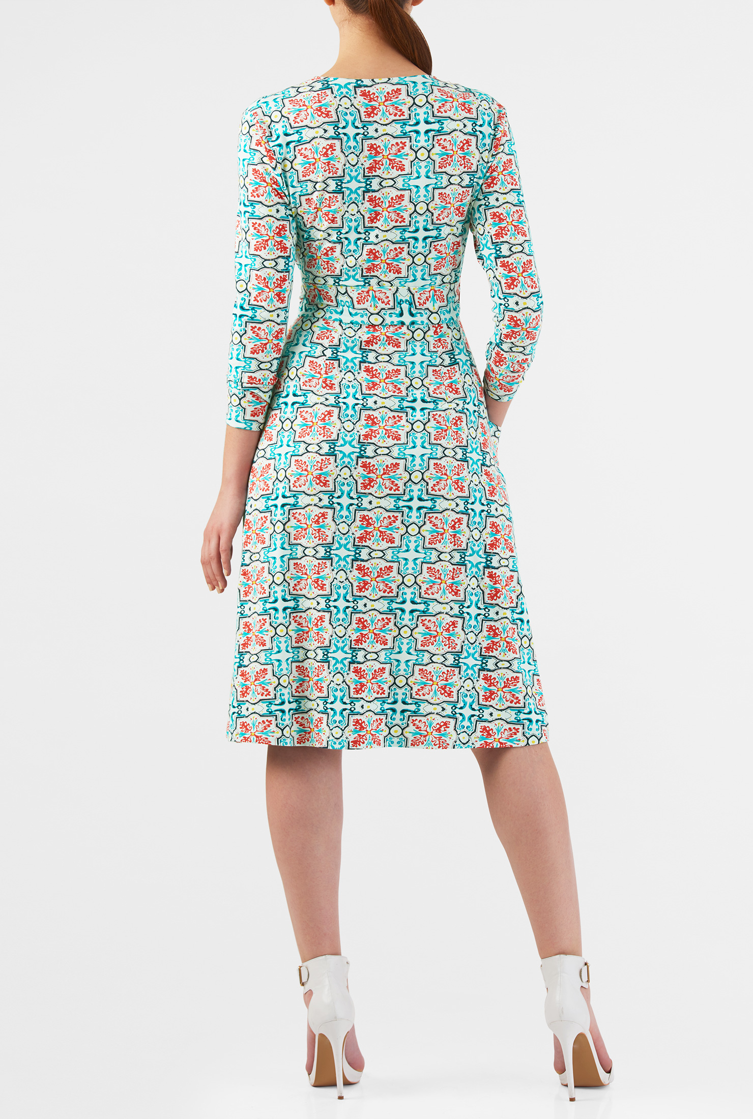 Shop Tile print cotton knit grommet front wrap dress eShakti