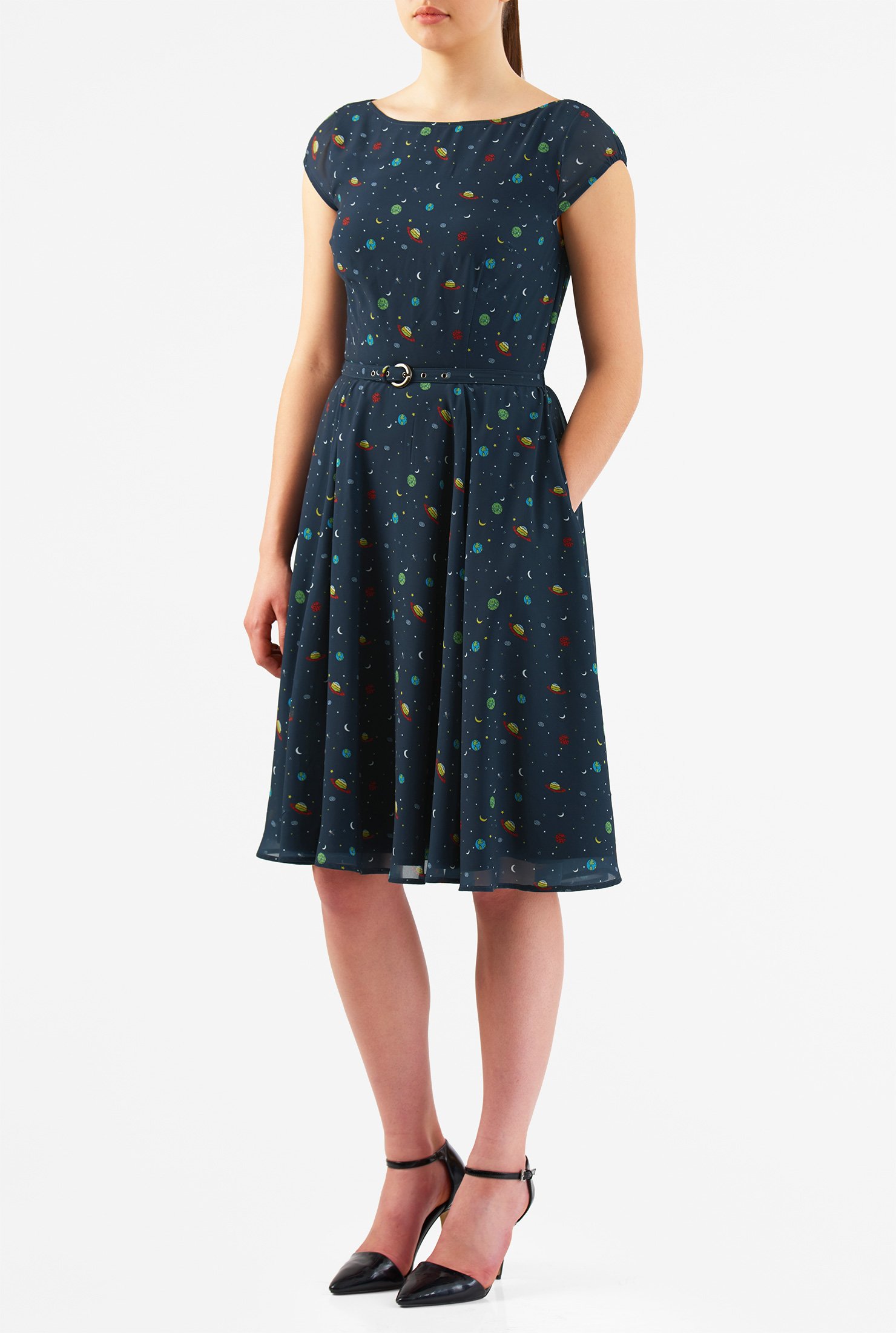 Shop Science teacher print belted georgette dress | eShakti