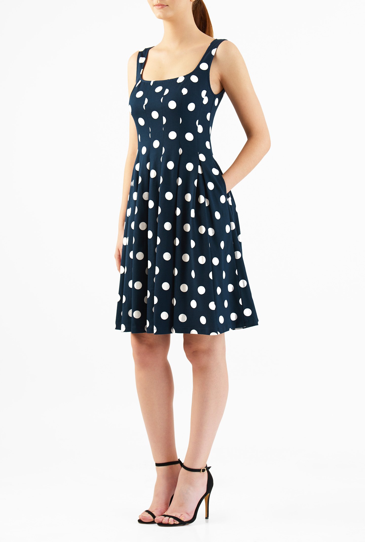 Shop Polka dot print pleated cotton knit dress eShakti