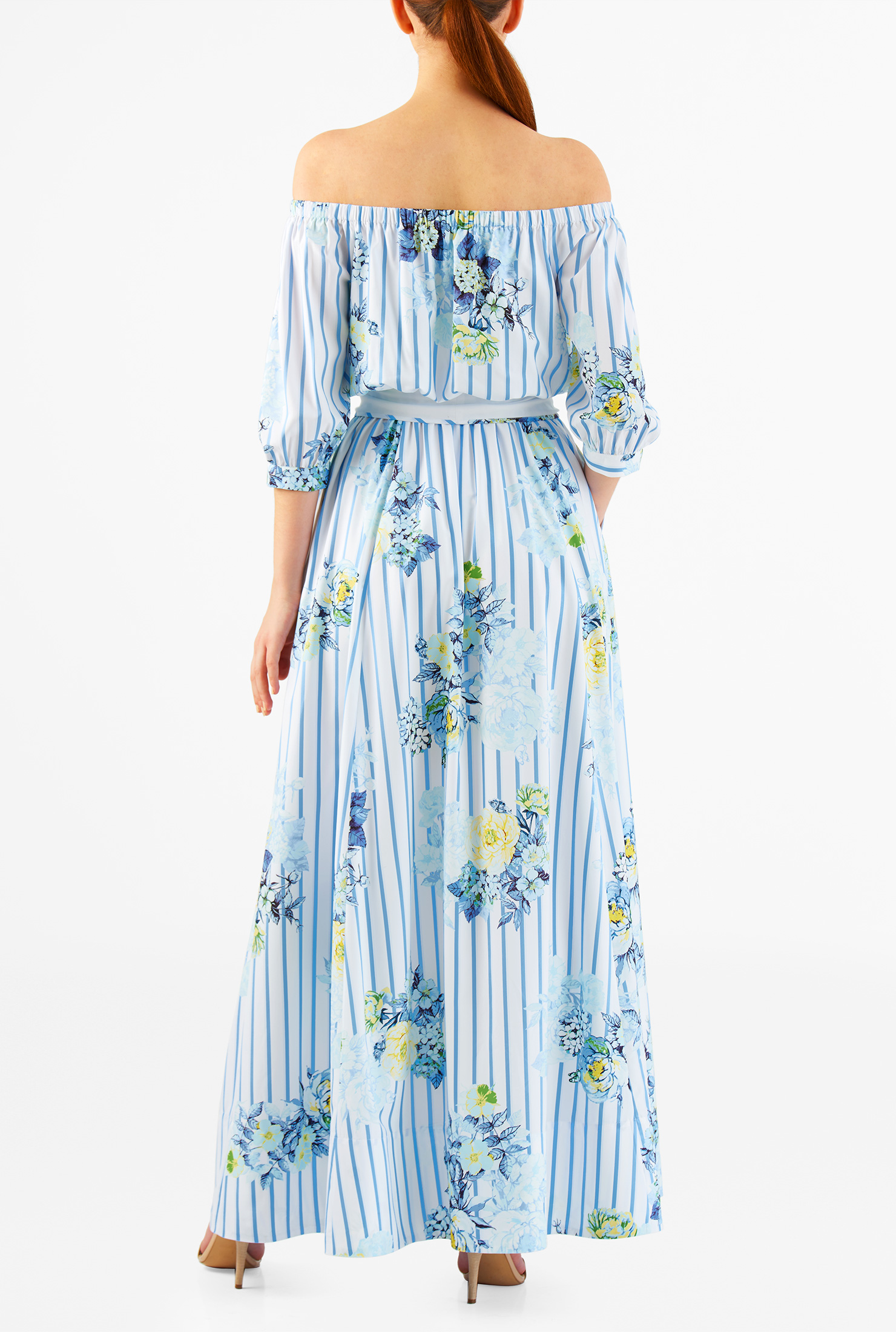 Shop Offtheshoulder floral stripe print crepe maxi dress eShakti