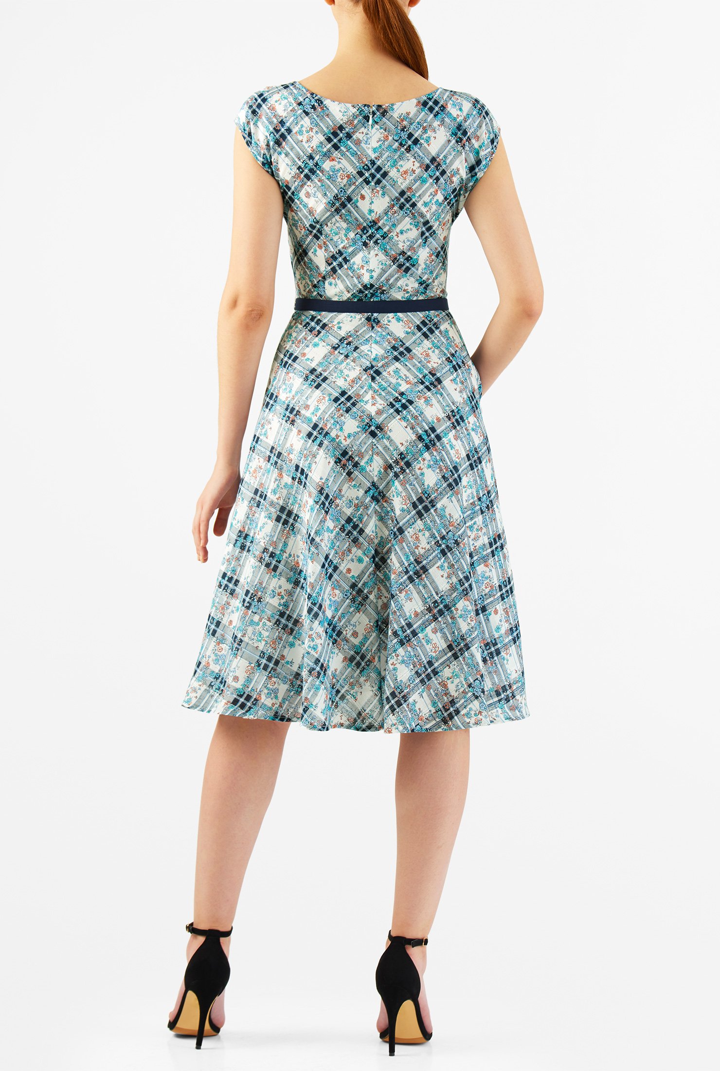 Shop Floral print cotton check belted dress | eShakti