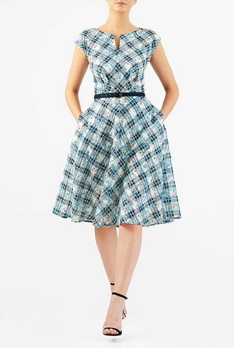 Shop Floral print cotton check belted dress | eShakti