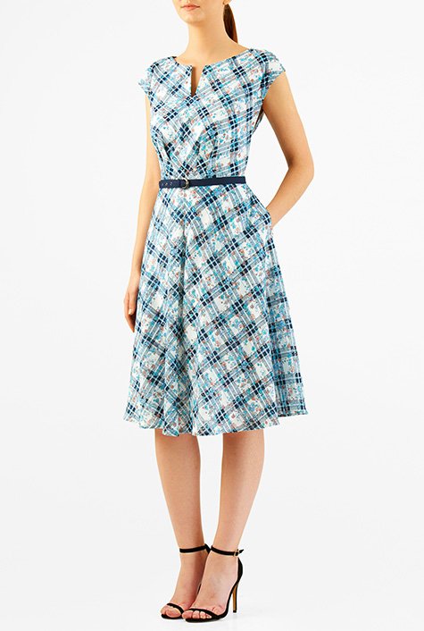 Shop Floral print cotton check belted dress | eShakti