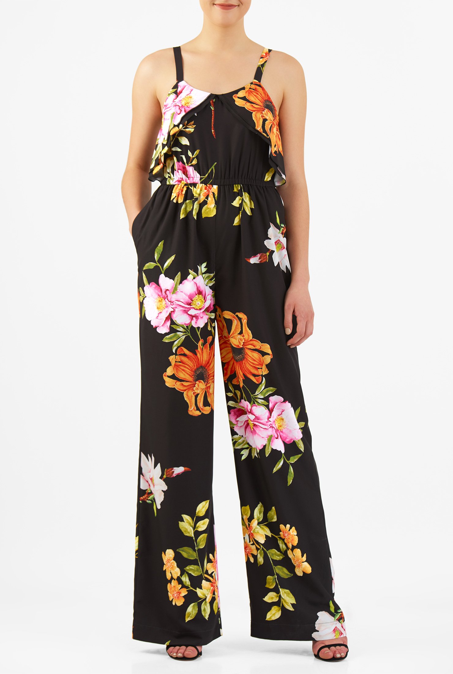 Shop Ruffle floral print crepe jumpsuit | eShakti