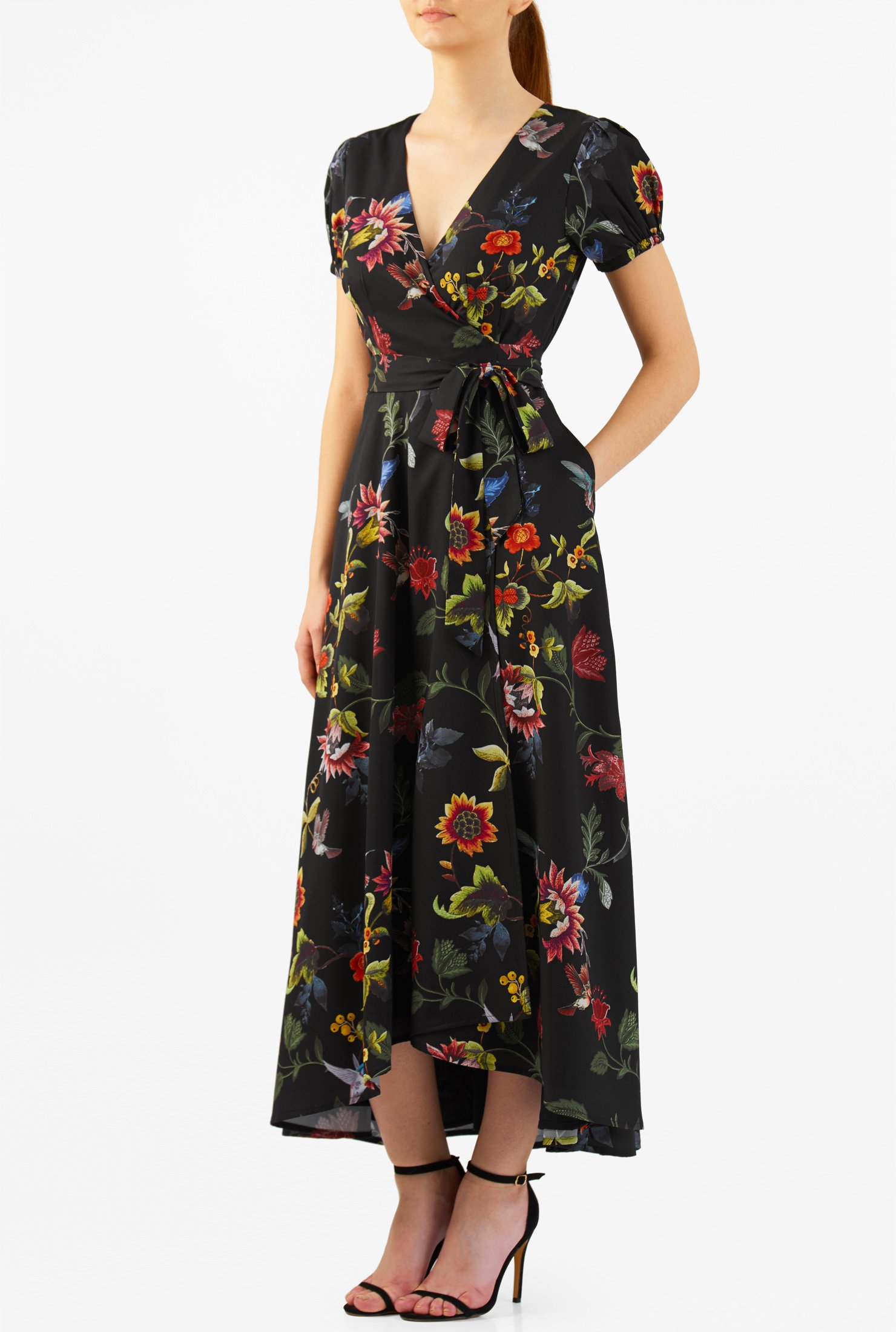 Shop Tropical Floral Print Crepe Wrap Dress Eshakti