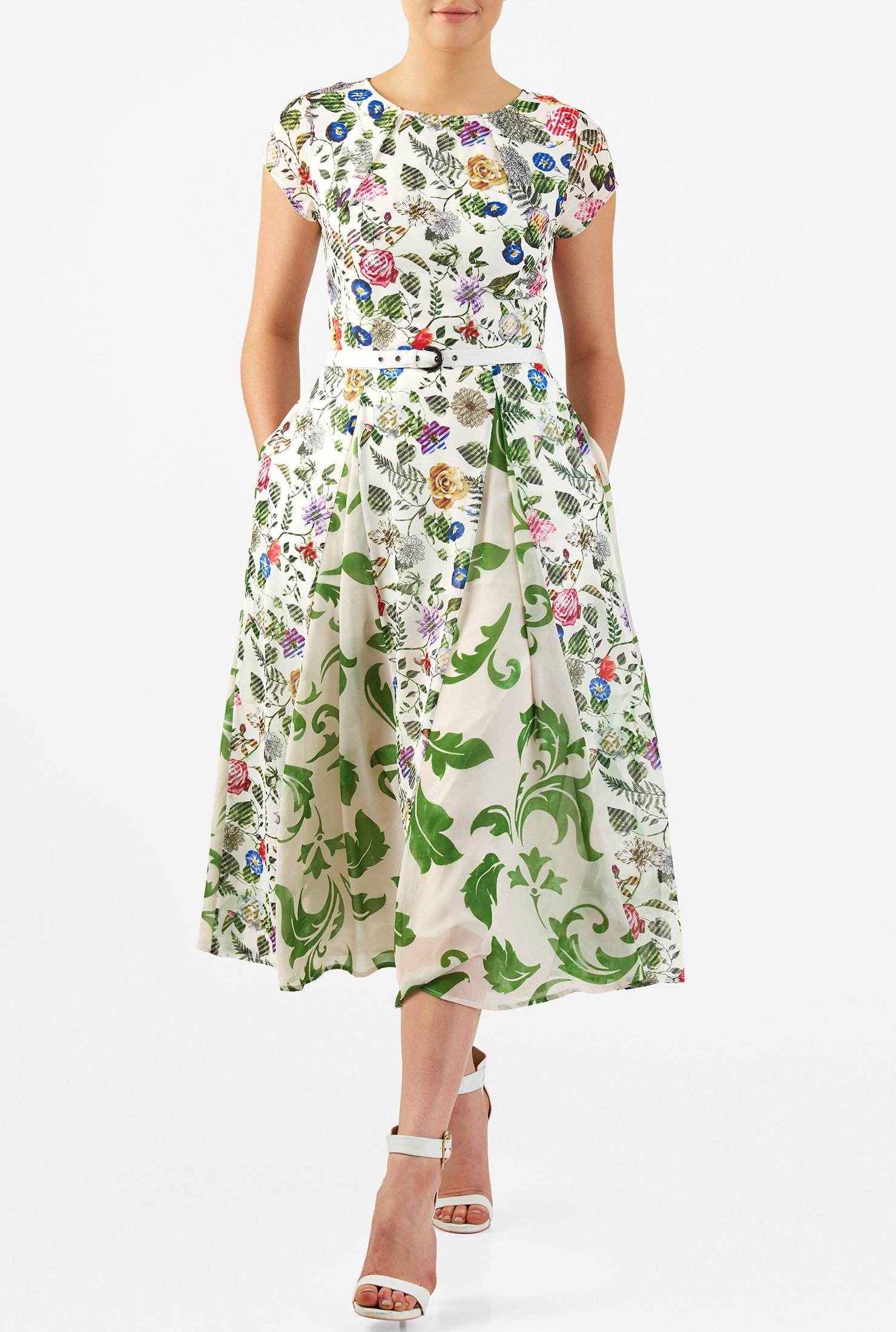 Shop Mixed floral print georgette belted dress | eShakti