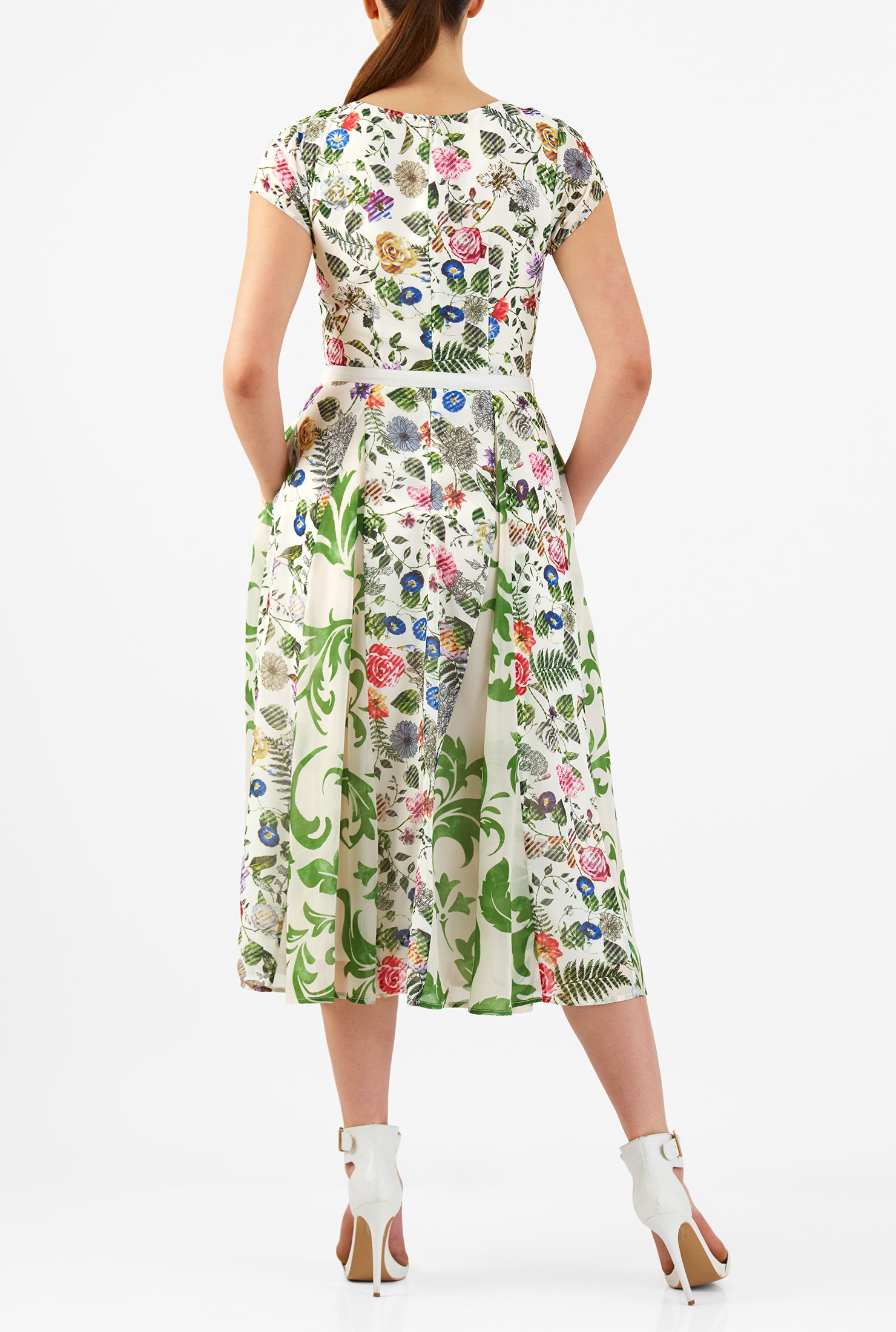 Shop Mixed floral print georgette belted dress | eShakti