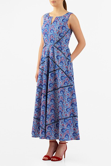 Shop Floral vine print lattice trim cotton maxi dress | eShakti