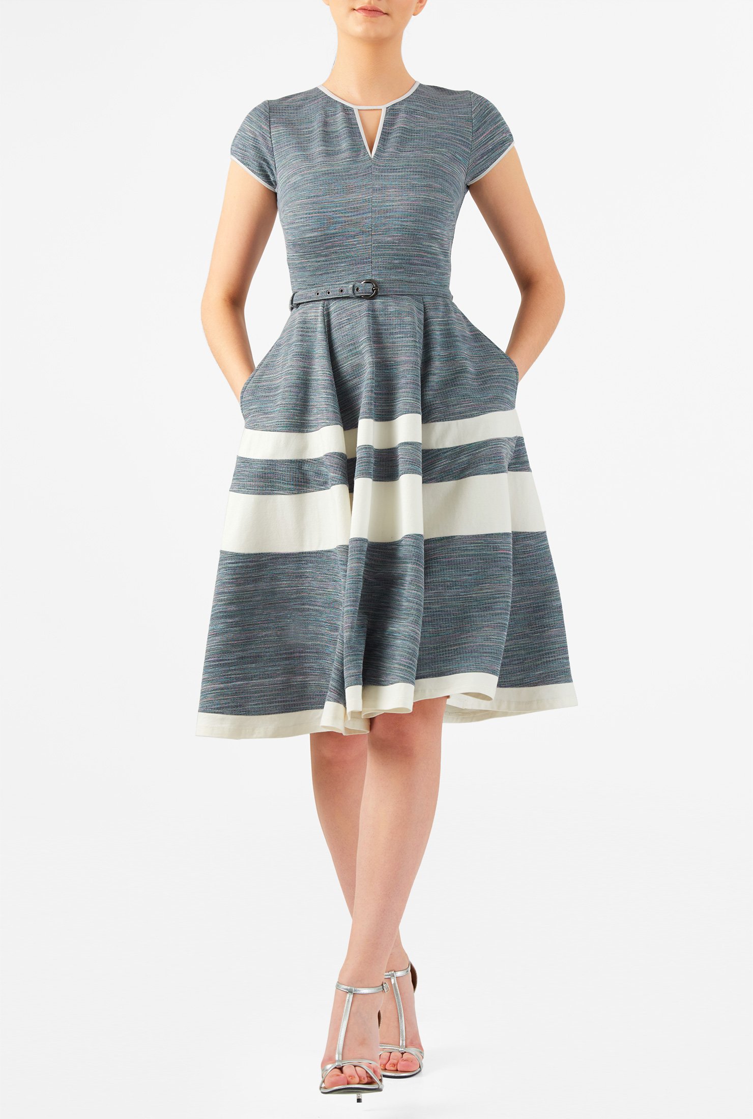 Shop Banded stripe space dye cotton knit belted dress | eShakti