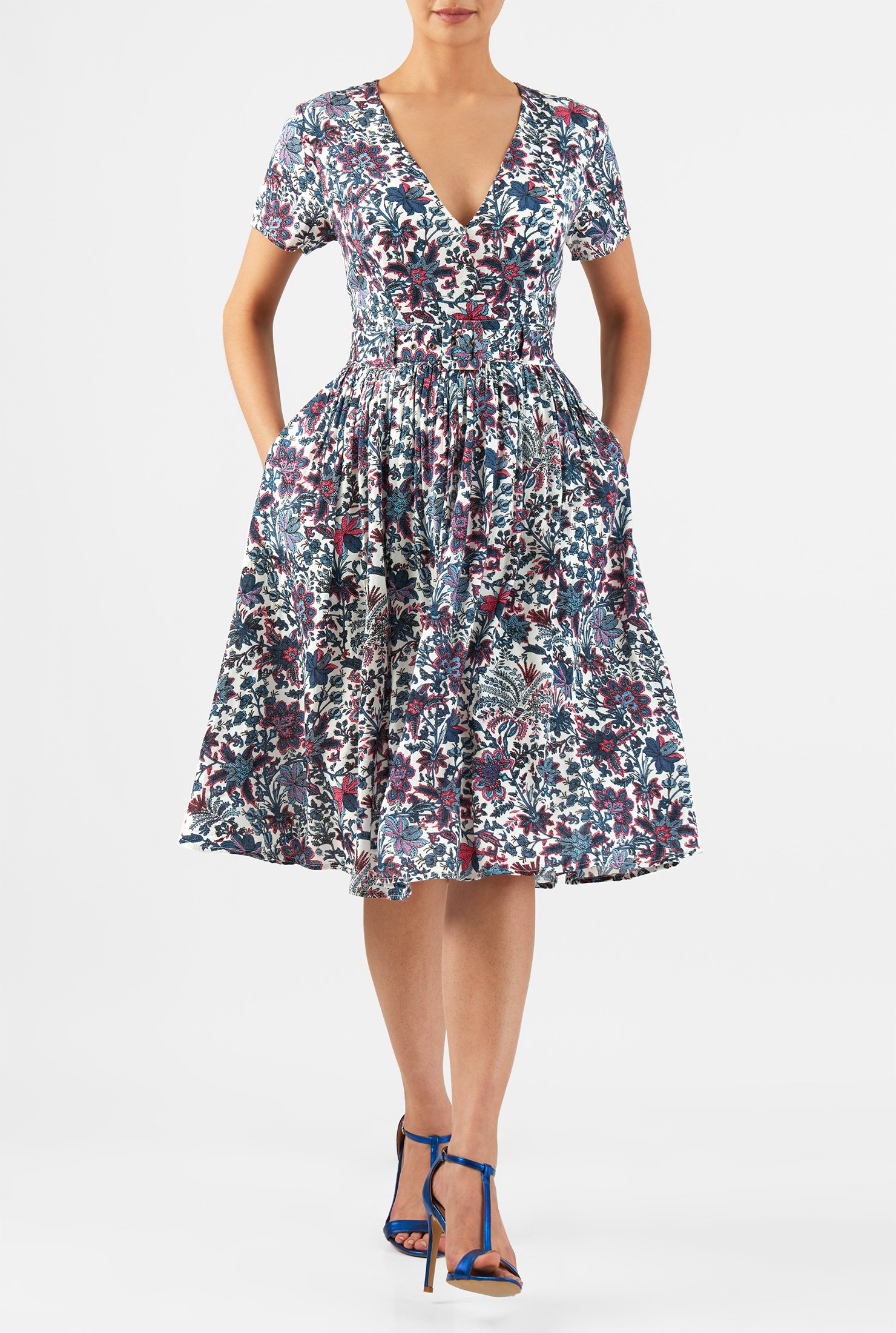 Shop Floral vine print surplice belted dress | eShakti