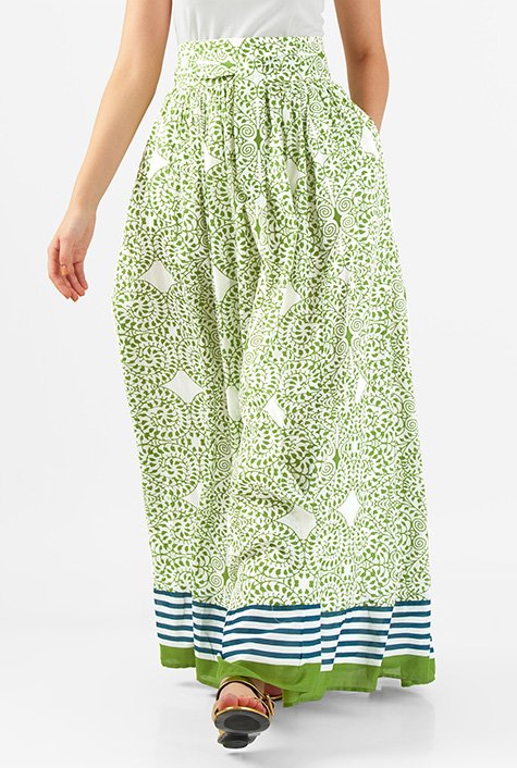 Leaf print tie waist cotton maxi skirt