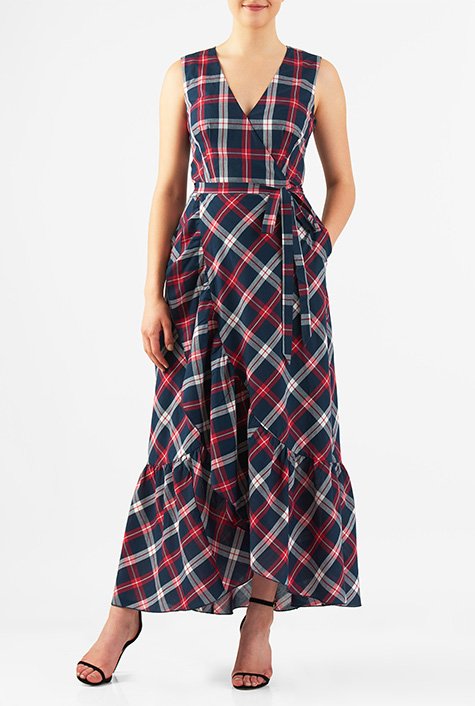 Shop Cotton check ruffle faux-wrap dress | eShakti