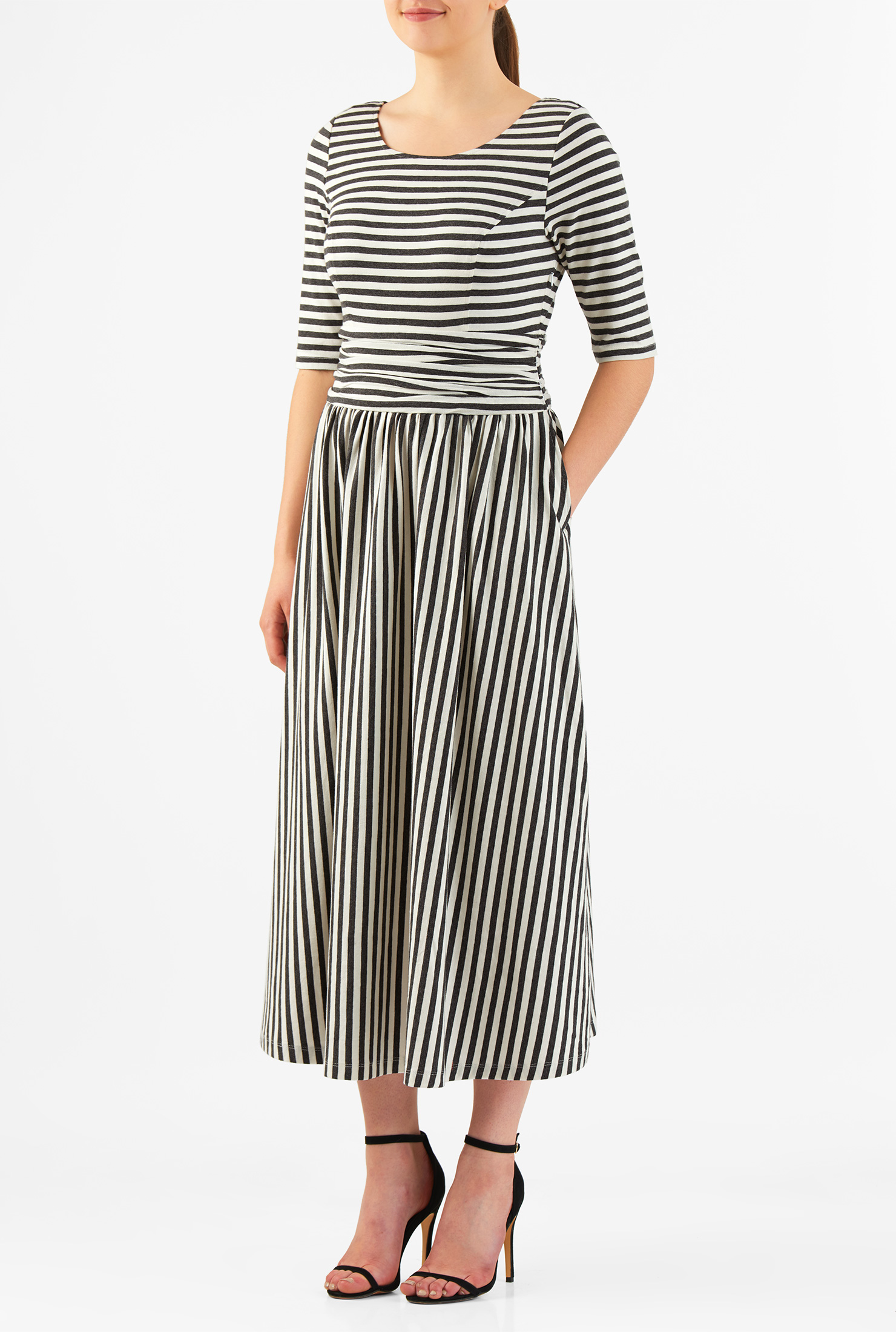 Shop Ruched waist stripe cotton knit midi dress eShakti