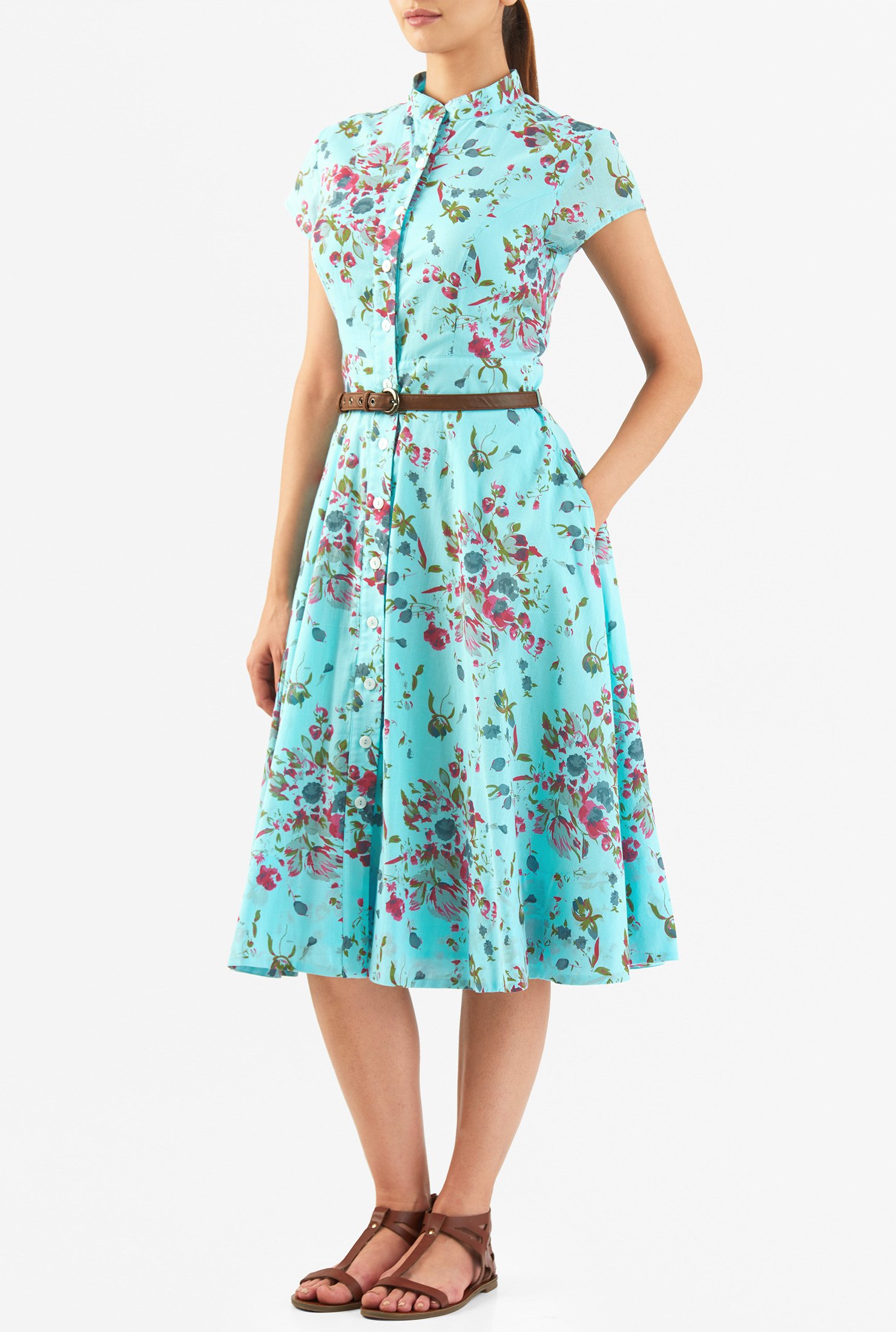 Shop Floral print cotton belted shirtdress | eShakti