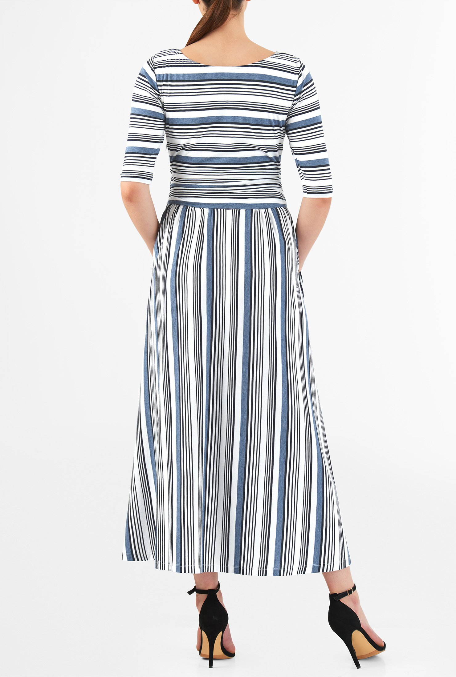 Shop Ruched waist stripe cotton knit midi dress eShakti