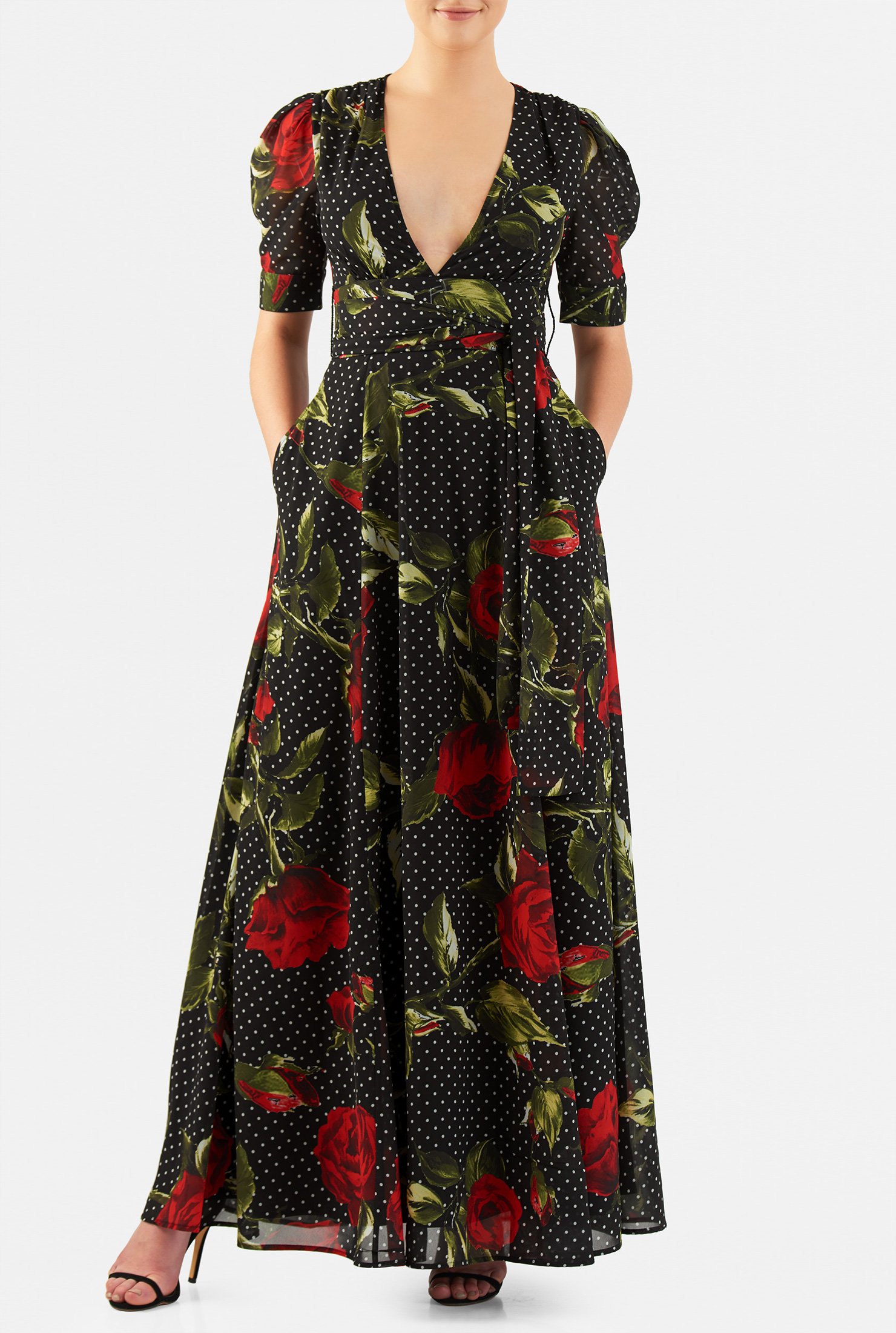 Shop Rose print georgette banded empire maxi dress | eShakti