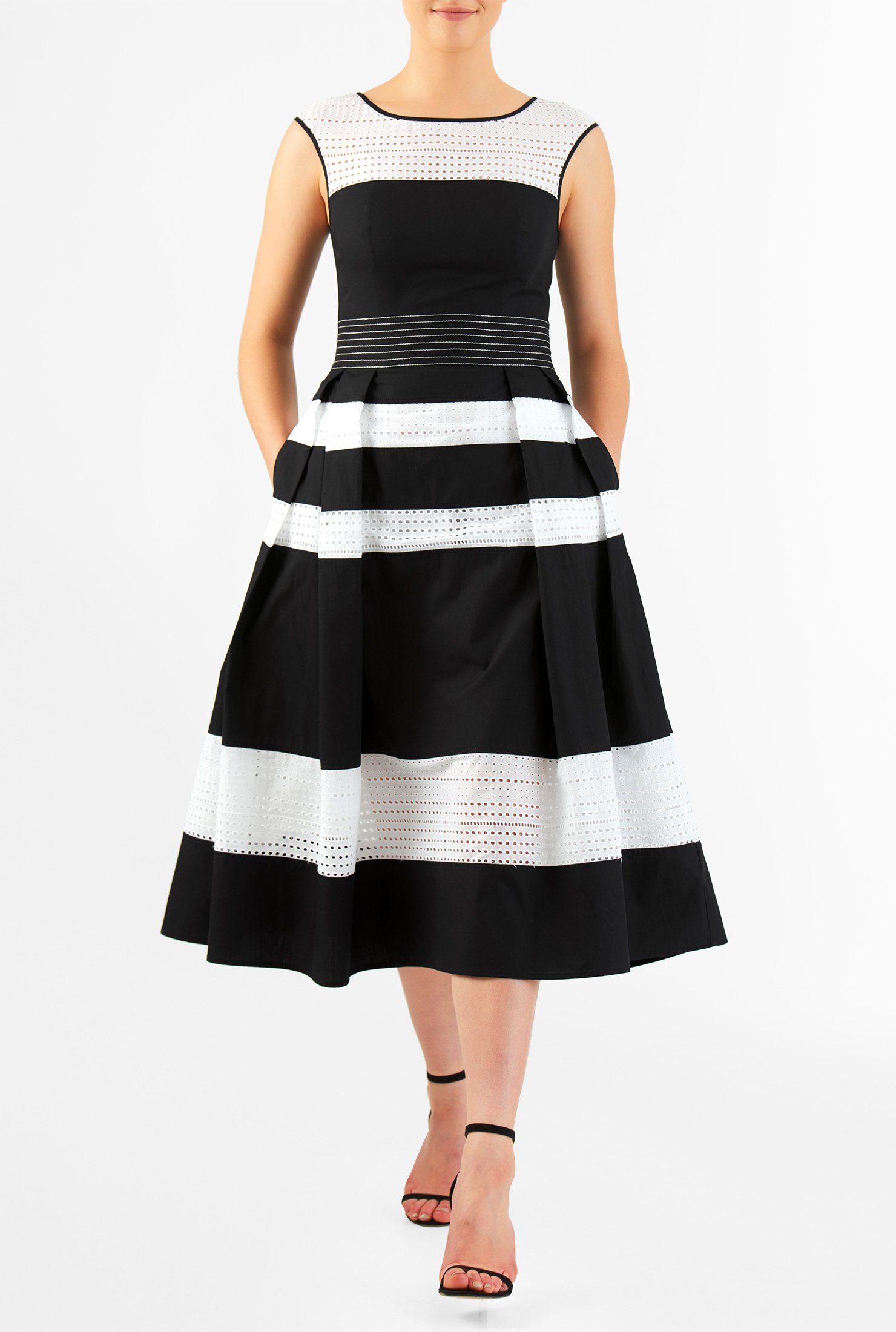 Shop Eyelet cotton banded stripe poplin dress | eShakti