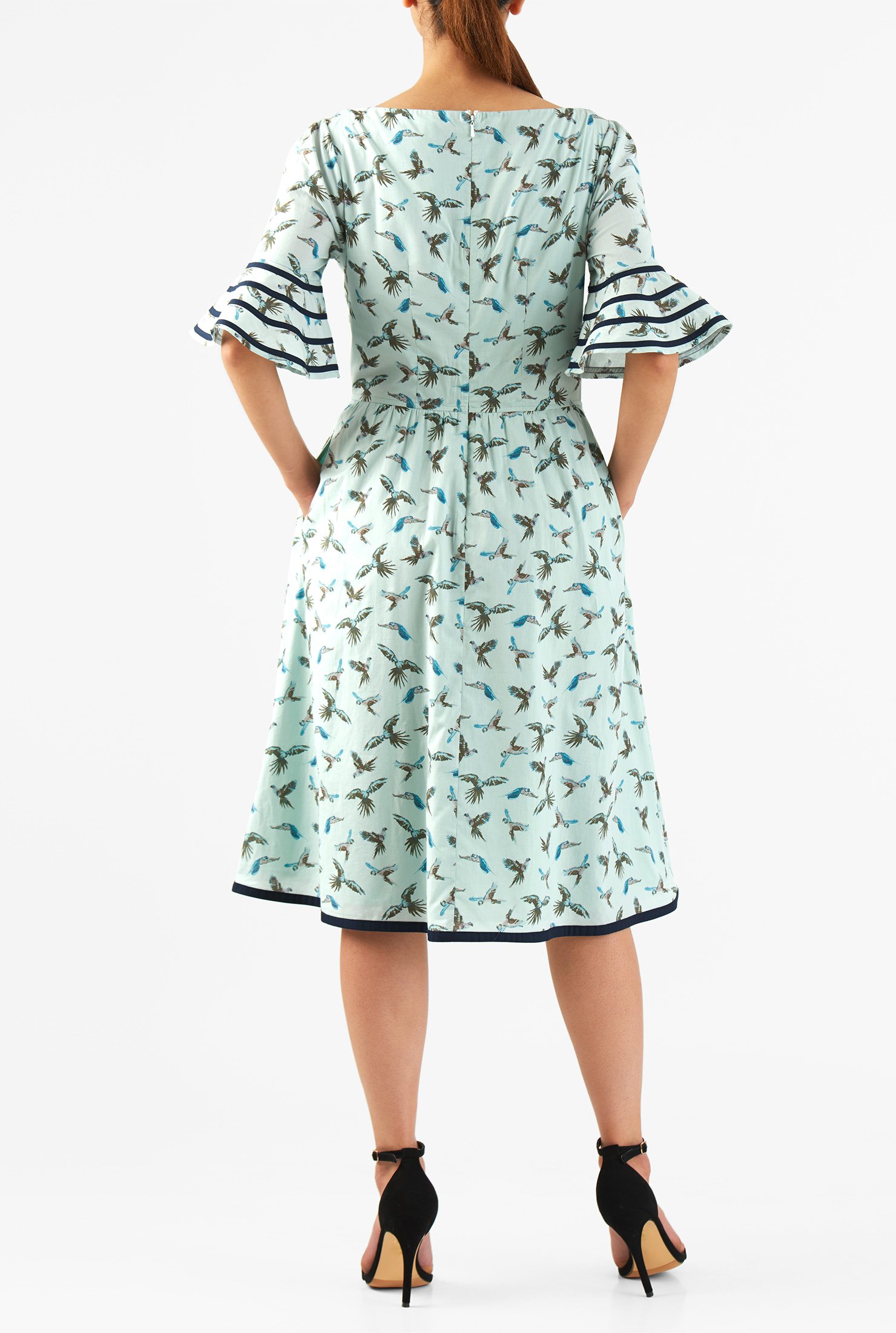 Shop Flounce ruffle sleeve bird print cotton dress | eShakti