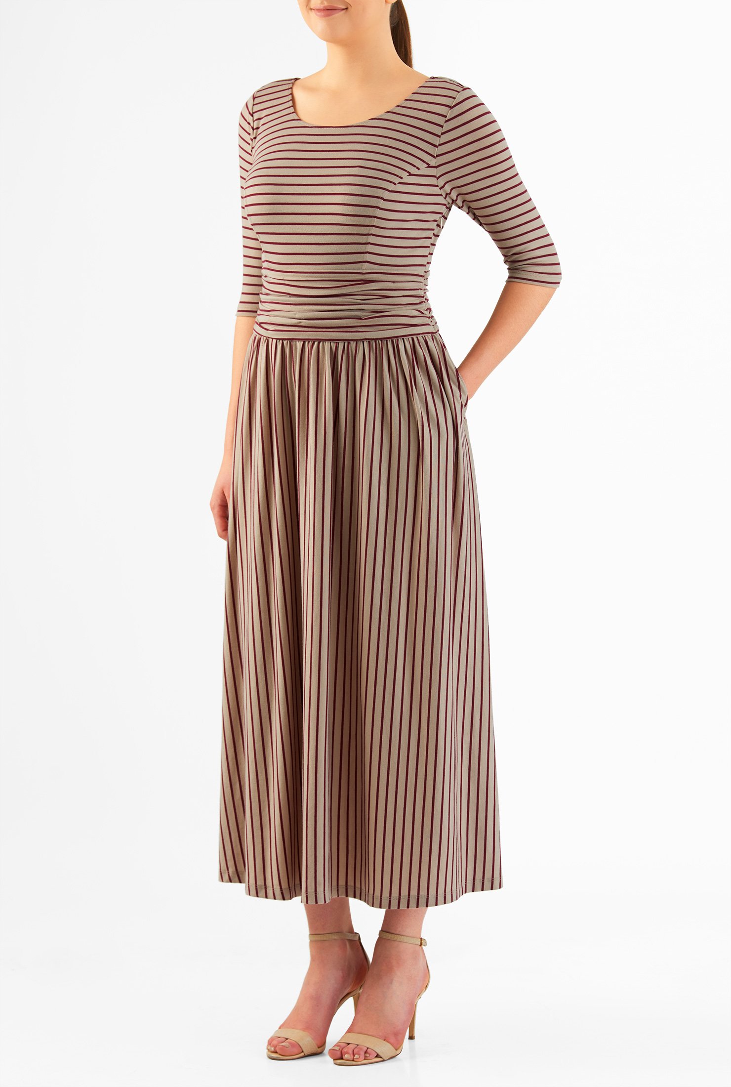 Shop Ruched waist stripe cotton knit midi dress eShakti