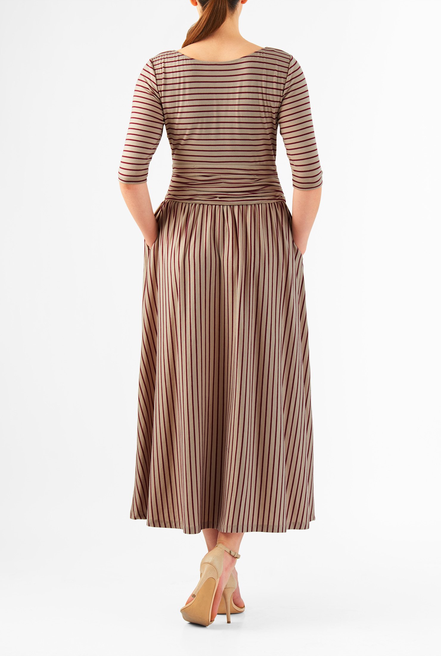 Shop Ruched waist stripe cotton knit midi dress | eShakti