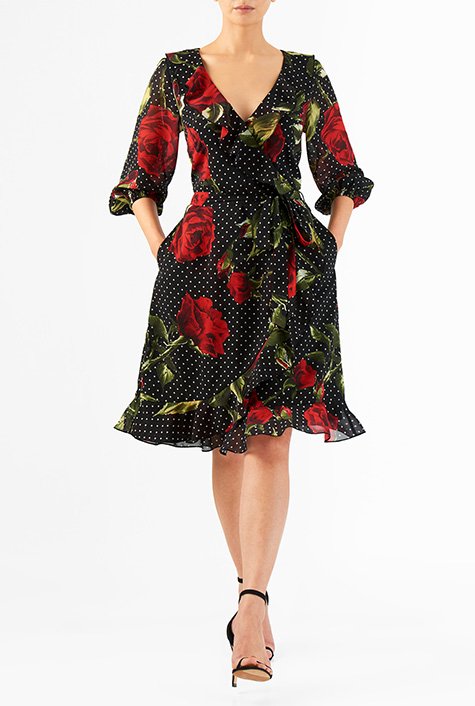 Shop Rose dot print georgette ruffle dress | eShakti