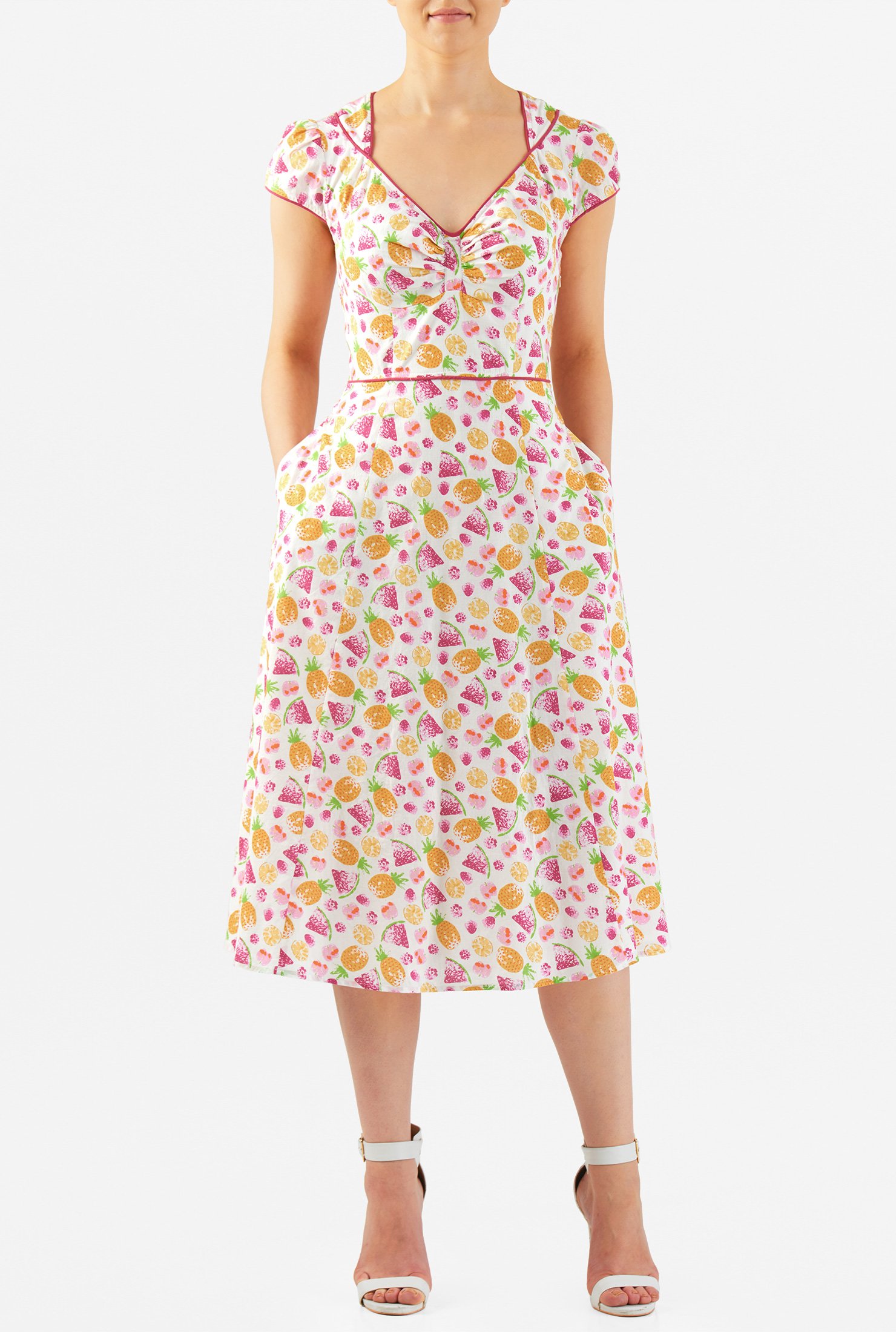 Shop Summer fruit print contrast trim cotton dress | eShakti