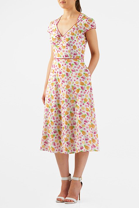 Shop Summer fruit print contrast trim cotton dress | eShakti