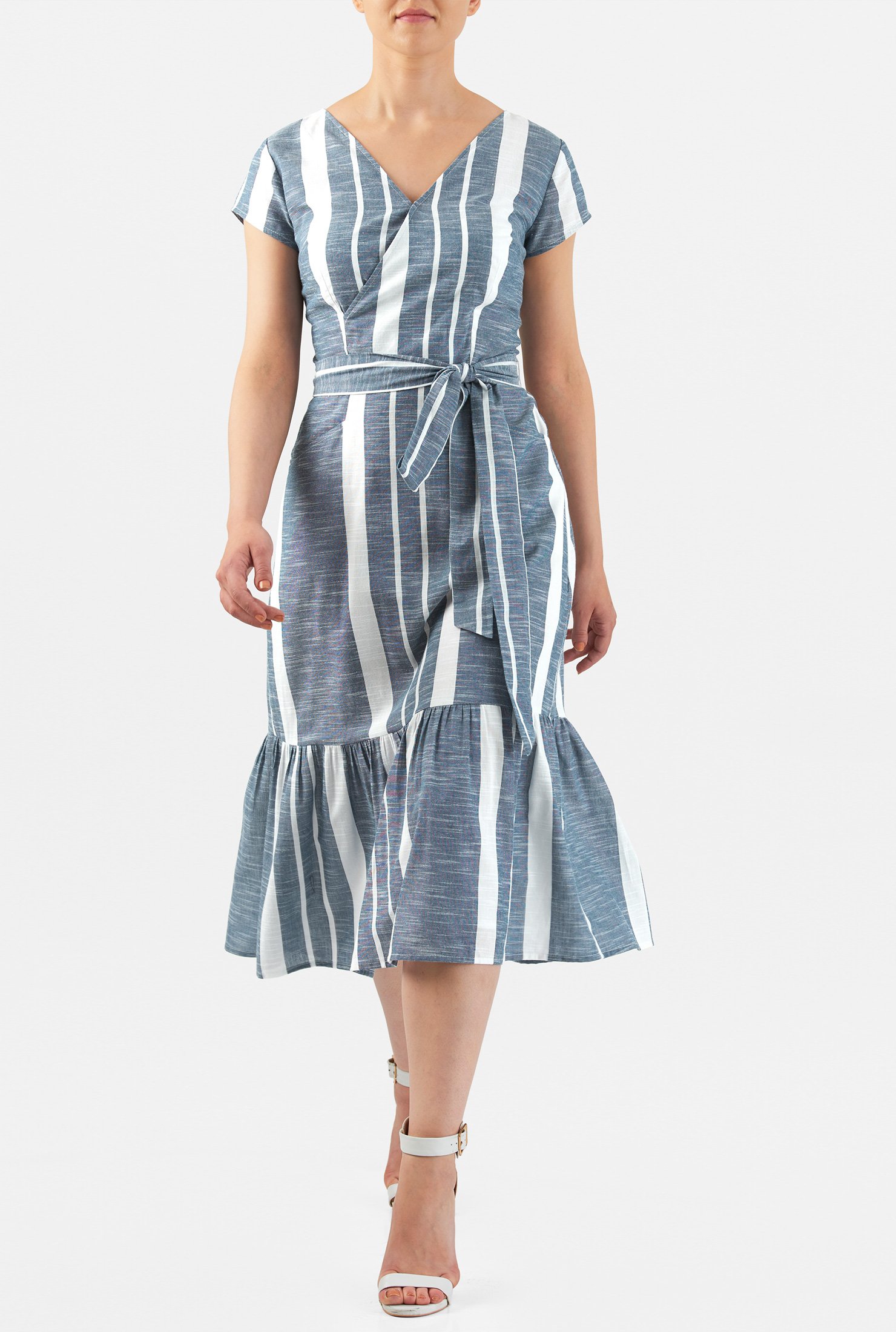 Shop Stripe cotton chambray flounce hem shift dress | eShakti