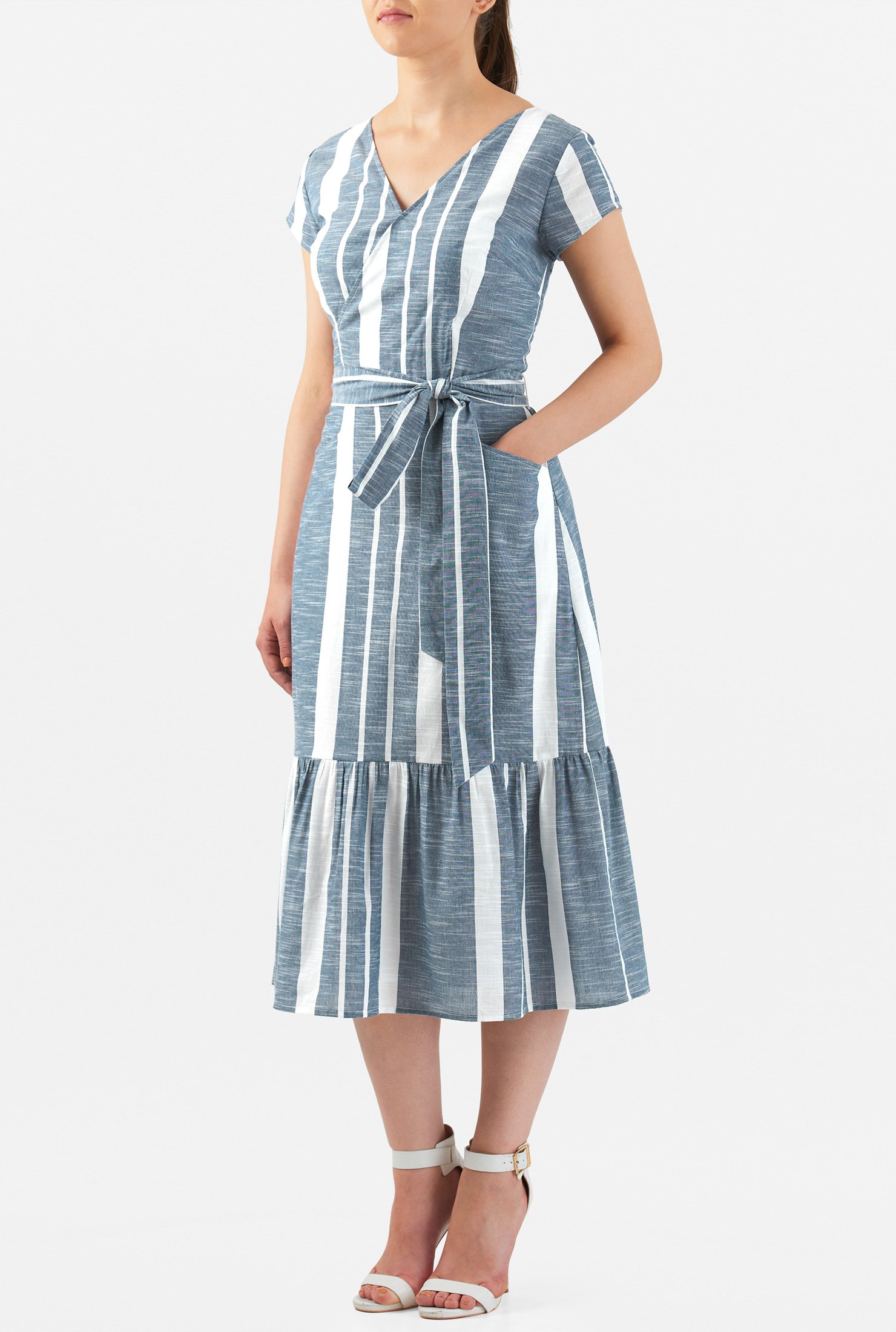 Shop Stripe cotton chambray flounce hem shift dress | eShakti