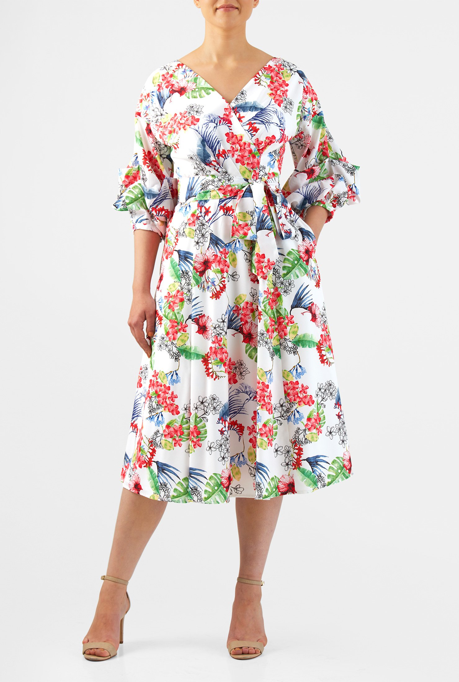 Shop Statement sleeve floral print crepe dress | eShakti