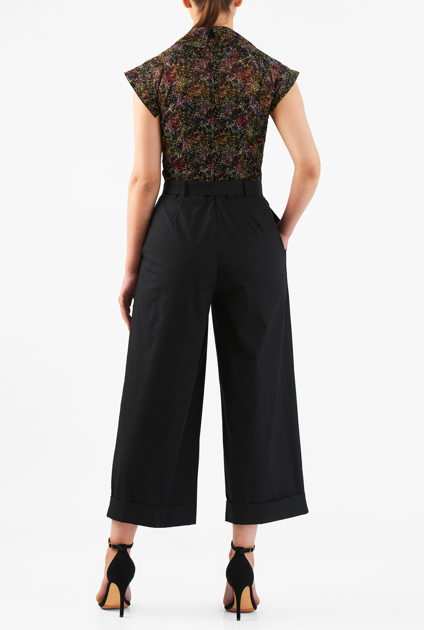 Shop Abstract print mixed media belted jumpsuit eShakti